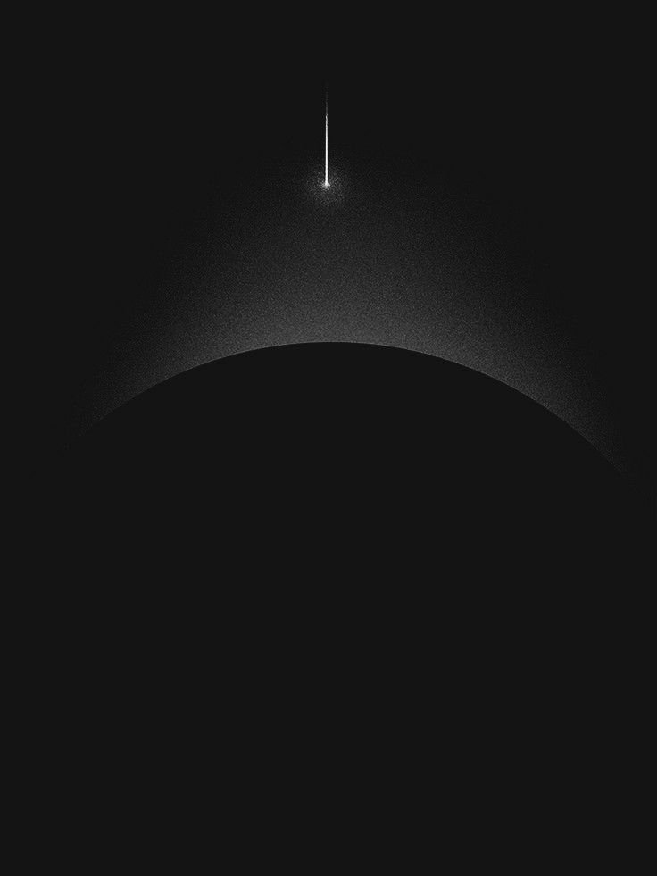The dark curve of a planet with light rising behind it and a falling meteor